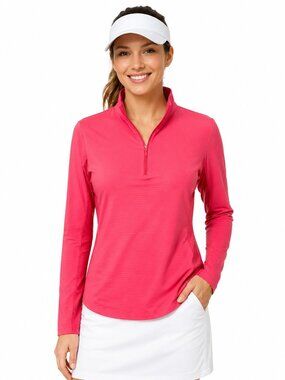 IBKUL Women's Long Sleeve 1/4 Zip Mock Neck Top Watermelon Pink Golf UPF Size XS